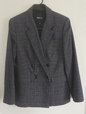 Madewell Gray Plaid Double-Breasted Blazer with Blue Windowpane